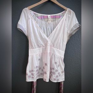 ANTHROPOLOGIE -Delicate Pink Blouse short-sleeve & sash - Floreat